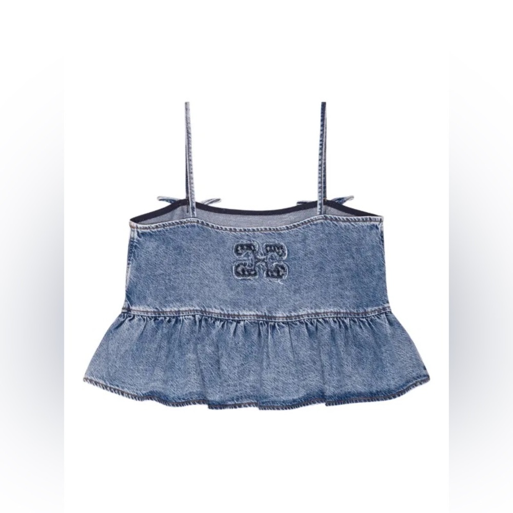 GANNI Logo Denim Strap Top Ruffle Hem Blue EU 36 Small